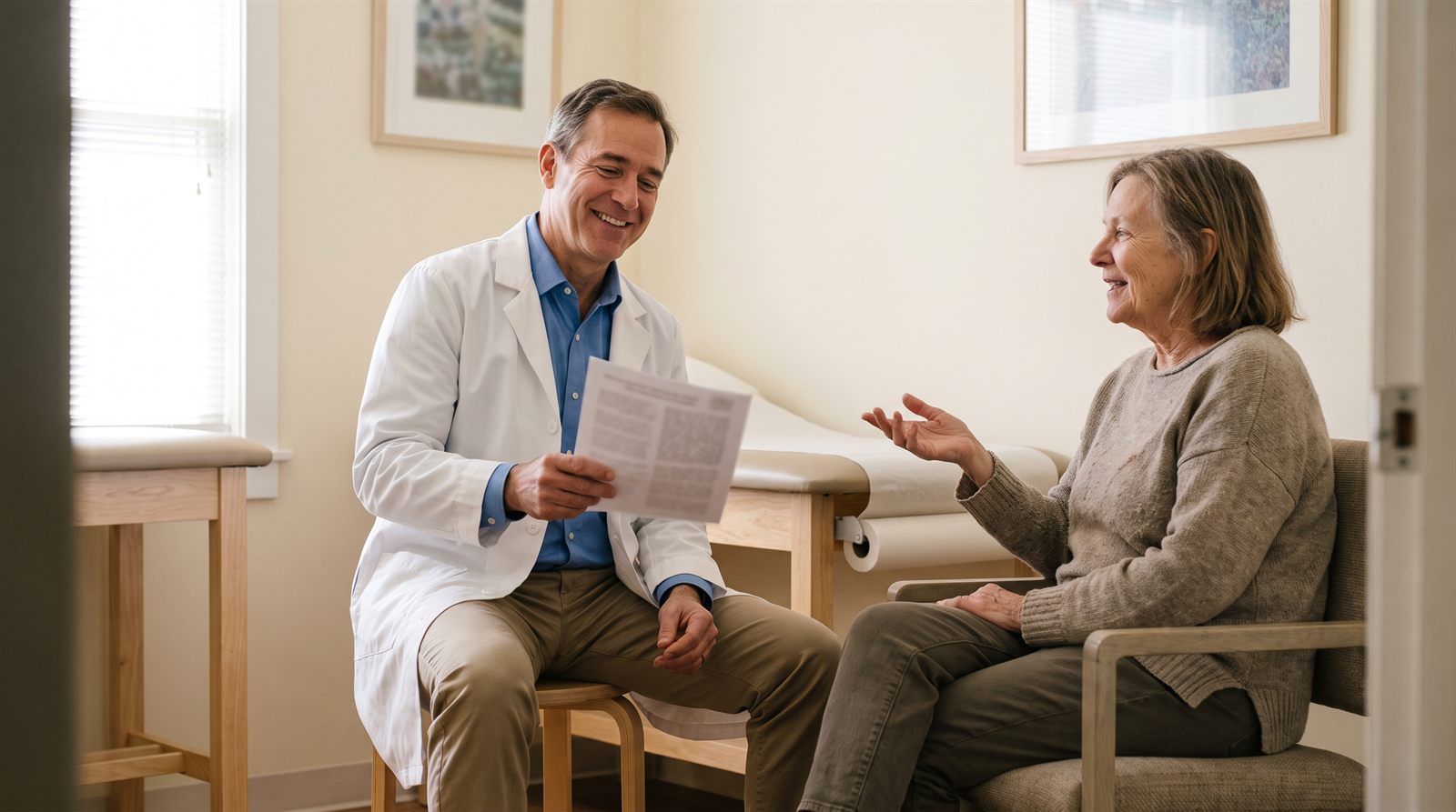 A doctor holding a one-page visit sheet and listening to the woman he is seeing
