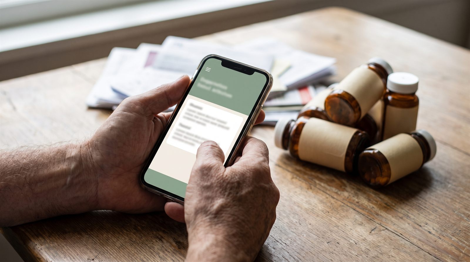 Hands holding a phone with one tidy list, with pill bottles and clinic papers on the table behind