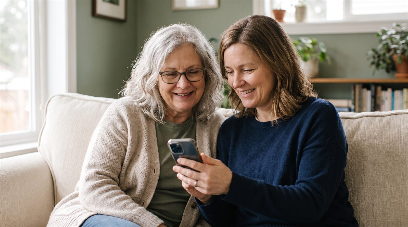 A mother and her grown daughter on a couch looking at a phone together