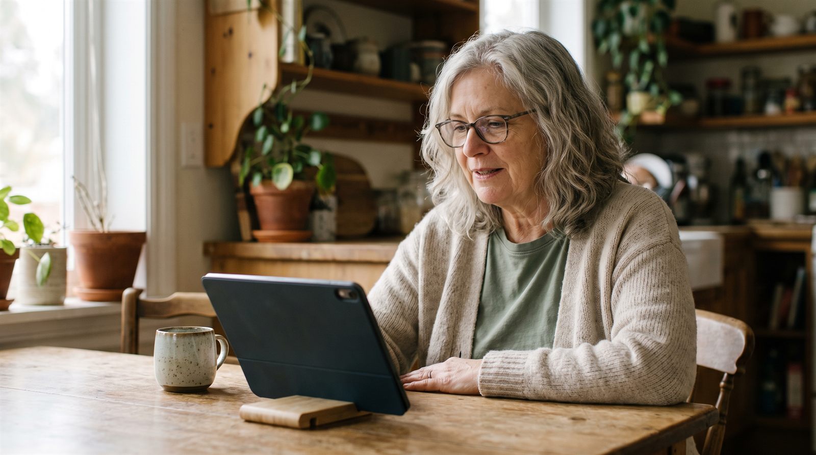A woman at her kitchen table talking with MedSay on a tablet